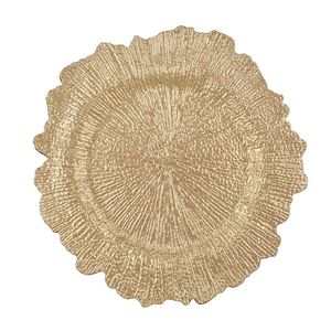 Placa de cargador con volantes dorados con borde orgánico de forma redonda y patrón radial texturizado Acento elegante para cenas y ocasiones de lujo - Product Image 1