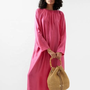 Pink Satin Floor-Length <b>Dress</b> O-Neck Full Sleeves Loose Fit Modest Casual Vintage Style Adult Women's Solid Color Breathable - Product Image 1