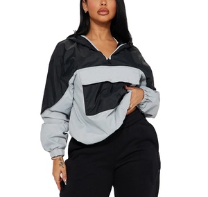 แจ็กเก็ตกันลมออกแบบได้ตามต้องการสำหรับสตรีทไฮสตรีทเสื้อสวมหัวเสื้อแจ็คเก็ตไนลอนเสื้อครอปสีบล็อกน้ำหนักเบา - Product Image 1