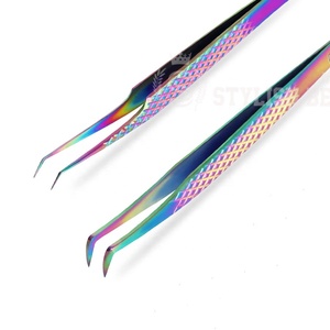 Pinzas de extensión de pestañas de aislamiento de acero inoxidable japonés profesional Agarre de diamante de color arcoíris puntiagudo disponible todo - Product Image 1