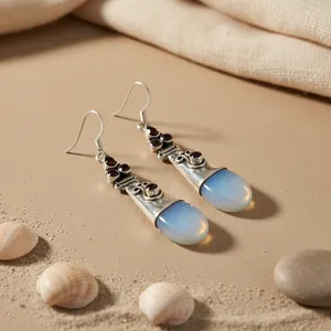 Boucles d'oreilles pendantes pour femme en argent 925 avec opale et grenat, style bohème, forme goutte d'eau, pour usage quotidien, serti clos, bijoux pendantes - Product Image 1