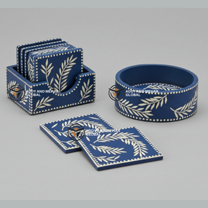 Indian Supplier Offers Handmade Blue & <b>White</b> Bone Inlay 3mm Thick Eco-Friendly <b>Coaster</b> Set with Holder and Floral Pattern - Product Image 2