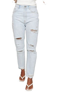 Nuevos pantalones vaqueros de mezclilla para mujer, talla grande, estilo casual, OEM, personalizados, transpirables, holgados, con estampado, botones, lavado efecto desgastado, pierna ancha, elásticos - Product Image 6