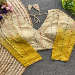 Summer blouse has v-shape neck <b>both</b> froent,back and sabyasachi pattern Blouse jari,and two ton and multy butty print work - Product Image 1