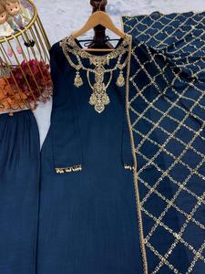 Nouveau concepteur Faux Pur Slub soie séquence broderie avec Rivet Moti travail haut et bas avec quatre côtés fantaisie dentelle bordure Dupatta - Product Image 3