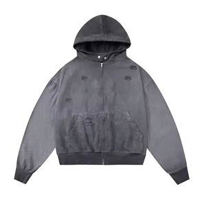 Sudadera con capucha fabricante personalizado pantalla en blanco impresión sudaderas hombres de gran tamaño lavado ácido rasgado crudo dobladillo recortado sudaderas con capucha - Product Image 5