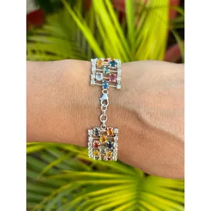 925 <b>Silver</b> Oval Multi Sapphire <b>Bracelet</b> with 14K Gold 18K Gold Rose Gold & Rhodium Plating Diamond & Ruby <b>Charm</b> Religious Style - Product Image 3