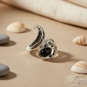 Anillo de Serpiente de Plata 925 a la Moda para Mujer, Joyería de Diseño con Incrustaciones de Piedras Naturales Negras, Gema Geométrica, Elegancia Atrevida para Uso Diario - Product Image 2