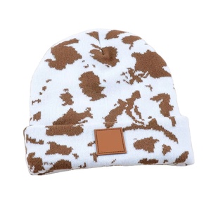 Winter High Quality Warm Soft Western Style Leather Patch Designer Cow <b>Leopard</b> <b>Print</b> Knitted Beanies <b>Hats</b> Custom logo - Product Image 2