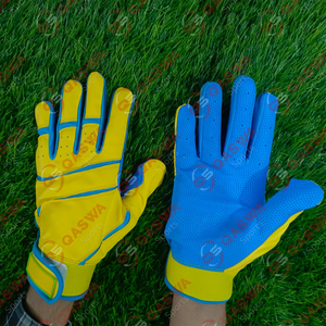 Gants de baseball de softball en cuir combinés jaune et bleu de conception unique pour la frappe disponibles à bas prix - Product Image 1