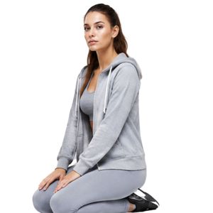 Ensemble de vêtements de sport gris pour femmes, trois pièces : sweat à capuche zippé, soutien-gorge de sport et leggings taille haute, tenue de gym - Product Image 5
