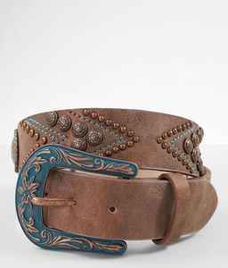 Ceinture en cuir de peau de vache marron cloutée Accents bleus Boucle en alliage occidental Largeur de 1.5 pouces Conception de motif solide formelle écologique - Product Image 1