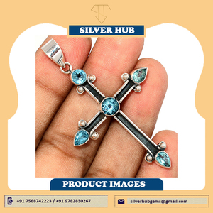 2025 nouveauté pierre précieuse topaze bleue naturelle 925 pendentif croix en argent Sterling bijoux faits à la main en gros en vrac meilleur prix - Product Image 4