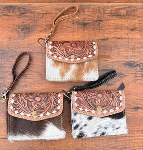 Premium Quality Hand <b>Tooled</b> <b>Leather</b> Small Wristlet Coin Purse Western Hair on Cowhide <b>Leather</b> Multi Uses Mini Wallet for Women's - Product Image 5