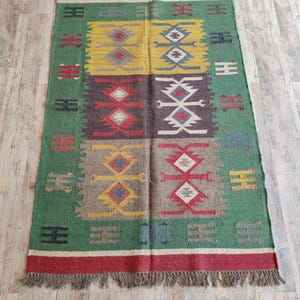Alfombra tejida a mano Kilim de yute de lana verde yute Kilim yute Flatweave bohemio indio Dhurrie Navajo Kilim alfombra personalizada para dormitorio - Product Image 2