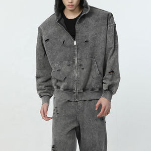 <b>Top</b> Quality Custom <b>Distress</b> Acid Wash Vintage Tracksuits 100% Cotton Hoodies Flare Pants Breathable Streetwear Tracksuits Men's - Product Image 4