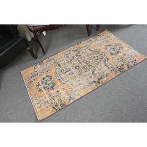 Tapis turc vintage en laine de 2,8x5 pieds Design patchwork bleu orange avec tapis et ensembles de support en latex - Product Image 2