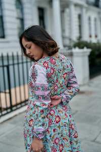 Robe mi-longue Bohemian Bliss, imprimée à la main, motif floral bleu et rose, décontractée, pour occasions spéciales - Product Image 4