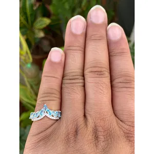 925 Silver Blue Topaz Tiara Ring Rhodium Plated with Pear & Oval Cut <b>Diamonds</b> Geometric Marquise Pattern for Engagement Gift - Product Image 4