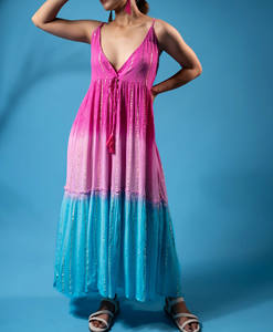 ชุดเดรสผ้าเรยอนมัดย้อมสไตล์โบฮีเมียนสำหรับผู้หญิงชุดปาร์ตี้ชายหาดคอวีลึกแต่งพู่และมีสายรัดปรับระดับได้ - Product Image 1