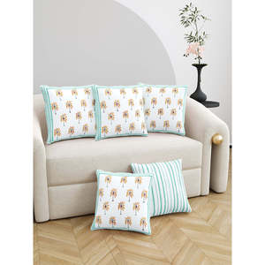 Hecho a mano Rajasthani bloque estampado verde amarillo Coco algodón funda de cojín 5 piezas Conjunto elegante fundas de almohada - Product Image 6