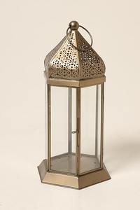 Linterna de vidrio hexagonal de diseño adornado Decoración de iluminación de metal elegante con efectos de iluminación suave - Product Image 3