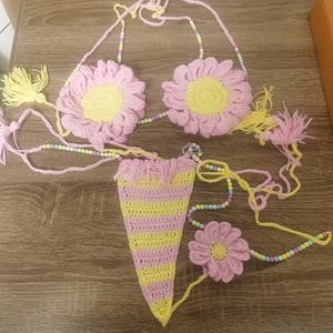 Ensemble deux pièces en coton tricoté au crochet personnalisable, nouveau maillot de bain bikini string sexy fait main avec logo à la taille pour femme - Product Image 6