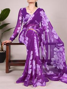 Nouveau magnifique sari indien vintage en lin pour femmes, imprimé floral, sans plis, design traditionnel, pour fêtes et mariages - Product Image 2