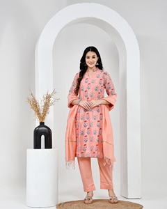 Hand Block Printed Cotton Suit Set with Dupatta | Floral Ethnic Kurta <b>Pant</b> Set - Product Image 1