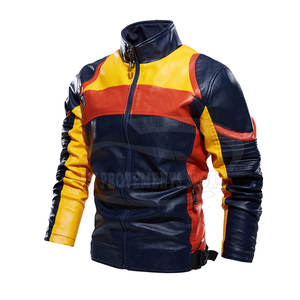Veste de moto en cuir de couleur contrastée, légère, avec fermeture éclair complète, vestes de moto en cuir pour hommes - Product Image 2