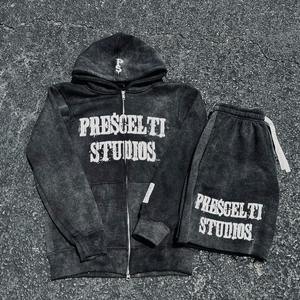 Conjunto de Sudadera con capucha y pantalones cortos desgastados vintage de alta calidad, chándales con capucha y pantalones cortos lavados con ácido con logotipo personalizado, transpirables - Product Image 5