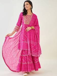 Mujeres étnicas Bandhani bordado Regular puro algodón Kurta con Sharara y con Dupatta indio Pakistán Salwar kameez traje - Product Image 3