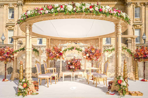 Indian <b>Wedding</b> Triple Pillar Mandap Setup Multi-Event Golden Hindu Fiber Mandapam Customizable Usa Marriage Stage DST Export USA - Product Image 3