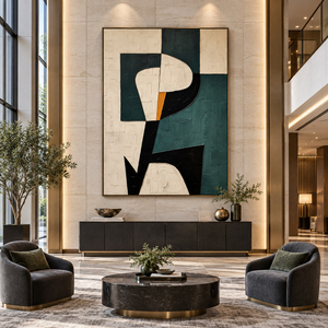 Grande œuvre d'art murale peinte à la main, vert foncé beige, géométrique abstrait, toile à l'huile, minimaliste moderne, décoration intérieure pour salon et hôtel - Product Image 1