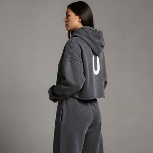High Quality 100 Grams Heavy Cotton Women's Tracksuit Acid Washed Charcoal Grey SKINNY Knee Hooded <b>Crop</b> Streetwear <b>Jogger</b> Set - Product Image 3