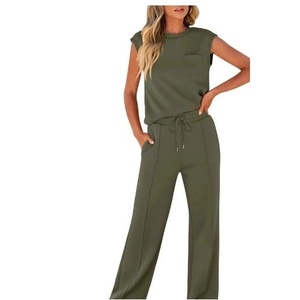 Conjunto de 2 Piezas para Mujer, Estilo Informal, para Verano, Viajes, Ejercicio, Sin Mangas, Pierna Ancha, Conjunto de Yoga Combinable, Cintura Elástica - Product Image 5