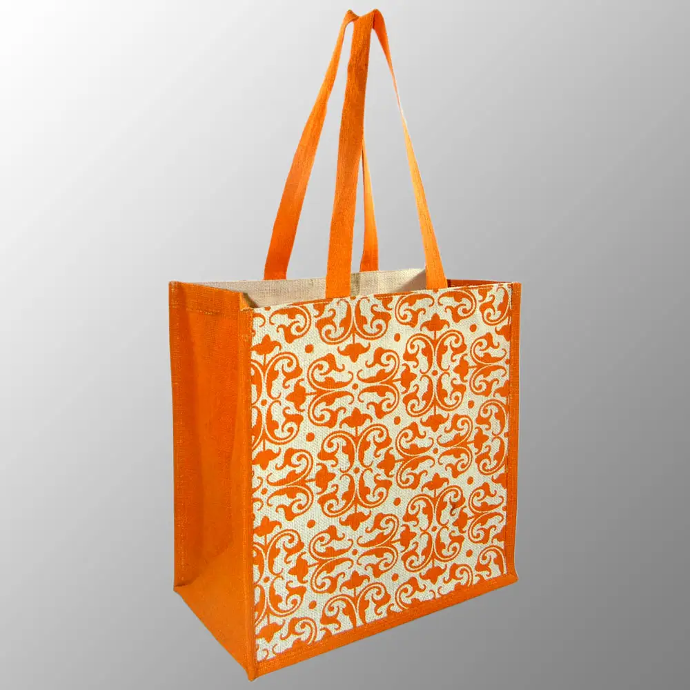 लंबे जूट के साथ रंगीन जूट शॉपिंग बैग, जूट प्रोन्नति बैग के सामने और पीठ पर कस्टम स्क्रीन प्रिंट प्रिंट