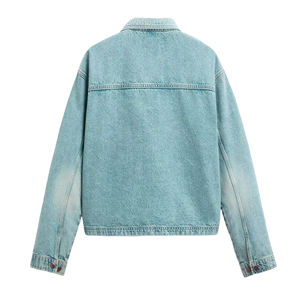 Chaqueta vaquera de hombre OEM personalizada con efecto desgastado, algodón vaquero japonés, cuello alto, logo frontal, estilo oversize vintage lavado - Product Image 6