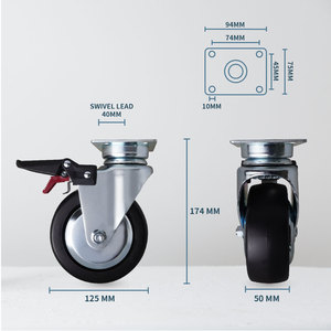 Roues à roulettes industrielles de 125 mm, robustes, noires, en PP, anti-crevaison, avec frein avant et double roulement à billes - Product Image 2