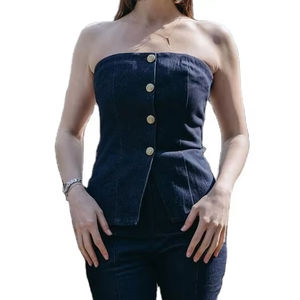 Chaleco Vaquero Azul Vintage de Un Solo Pecho para Mujer, Cuello Camisero, Estilo Casual para Verano - Product Image 1