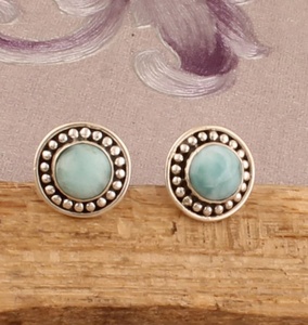 Pendientes de Plata de Ley 925 con Baño de Oro y Piedra Preciosa Redonda de Larimar Natural, Diseño de Puntos, Modernos, Regalo de Aniversario para Mujer - Product Image 1