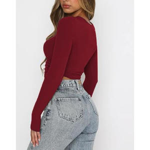 Round Neck Long Sleeve Short Crop T-<b>Shirt</b> Street Trend top casual pullover Sweatshirts Sets Custom Women Crop Top Knitted - Product Image 4