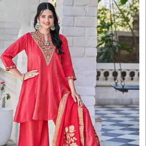 Ligero Heavy Shimmer bordado cuello trabajo 3 piezas de secado rápido Kurti con Plazo y Dupatta Set para ocasiones de fiesta - Product Image 1