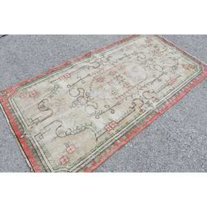 Alfombra turca de área grande Vintage 3,7X7,3 pies Estilo Kilim rojo beige con patrón abstracto Material de lana 10mm de espesor Respaldo de látex - Product Image 2