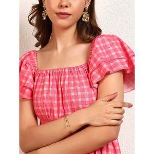 Deebaco Women's Pink Plaid Off-Shoulder A-Line Midi <b>Dress</b> With Ruffles <b>Elastic</b> Waist Prairie Chic Summer Casual Style - Product Image 2