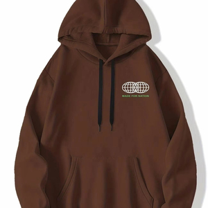 Sudadera con Capucha Marrón con Estampado Vintage, Estilo Urbano, Corte Holgado, Algodón Grueso, Moda Urbana, Estampado Trasero Moderno, Uso Diario Informal - Product Image 1