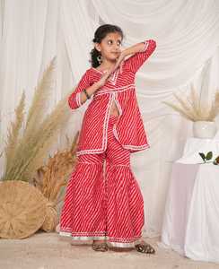 Girls Kids Ethnic Dress Cotton Cambric Kurta Sharara Suit <b>Gota</b> Lace O-Neck Solid Pattern for Wedding Birthday Partywear 2025 - Product Image 4