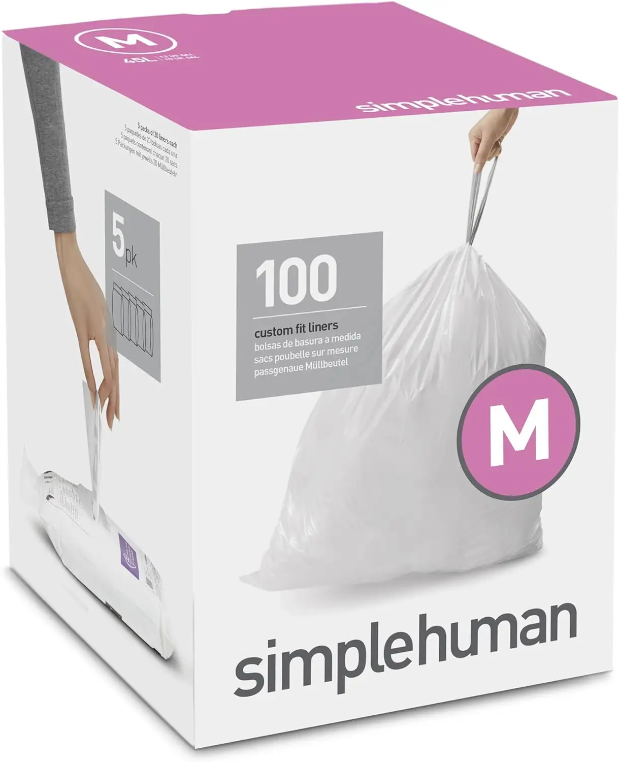 Simplehuman Code M Custom Fit Drawstring Trash Bags in Dispenser Packs, 100 Count, 45 Liter