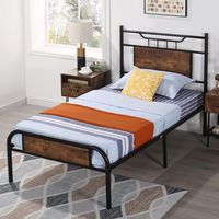 Cadre de lit en métal industriel avec tête et pied de lit en bois rustique, lit de style vintage pour chambre à coucher, dortoir, appartement