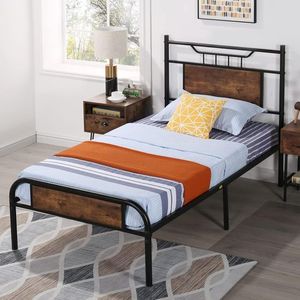Cadre de <span class=keywords><strong>lit</strong></span> en métal industriel avec tête et pied de <span class=keywords><strong>lit</strong></span> en bois rustique, <span class=keywords><strong>lit</strong></span> de style vintage pour chambre à coucher, dortoir, appartement - Product Image 2